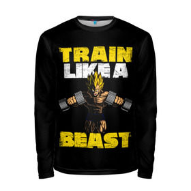 Мужской лонгслив 3D с принтом Train Like a Beast в Кировске, 100% полиэстер | длинные рукава, круглый вырез горловины, полуприлегающий силуэт | Тематика изображения на принте: dragon ball | strong | workout | воркаут | драгон бол