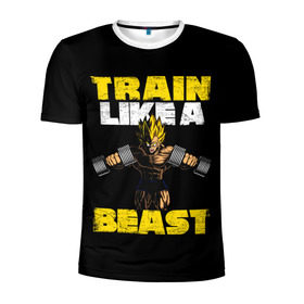 Мужская футболка 3D спортивная с принтом Train Like a Beast в Кировске, 100% полиэстер с улучшенными характеристиками | приталенный силуэт, круглая горловина, широкие плечи, сужается к линии бедра | dragon ball | strong | workout | воркаут | драгон бол