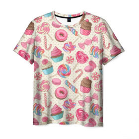 Мужская футболка 3D с принтом Радости и сладости в Кировске, 100% полиэфир | прямой крой, круглый вырез горловины, длина до линии бедер | Тематика изображения на принте: глазурь | кексы | конфеты | леденцы | пончик | сладости