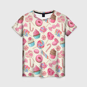 Женская футболка 3D с принтом Радости и сладости в Кировске, 100% полиэфир ( синтетическое хлопкоподобное полотно) | прямой крой, круглый вырез горловины, длина до линии бедер | глазурь | кексы | конфеты | леденцы | пончик | сладости