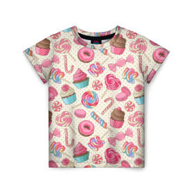 Детская футболка 3D с принтом Радости и сладости в Кировске, 100% гипоаллергенный полиэфир | прямой крой, круглый вырез горловины, длина до линии бедер, чуть спущенное плечо, ткань немного тянется | глазурь | кексы | конфеты | леденцы | пончик | сладости