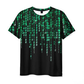 Мужская футболка 3D с принтом Матрица в Кировске, 100% полиэфир | прямой крой, круглый вырез горловины, длина до линии бедер | Тематика изображения на принте: background | black | green | matrix | movie | numbers | зеленые | матрица | фильм | фон | цифры | черный