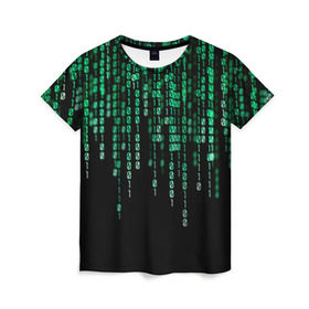 Женская футболка 3D с принтом Матрица в Кировске, 100% полиэфир ( синтетическое хлопкоподобное полотно) | прямой крой, круглый вырез горловины, длина до линии бедер | background | black | green | matrix | movie | numbers | зеленые | матрица | фильм | фон | цифры | черный