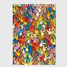 Скетчбук с принтом Кролики Playboy в Кировске, 100% бумага
 | 48 листов, плотность листов — 100 г/м2, плотность картонной обложки — 250 г/м2. Листы скреплены сверху удобной пружинной спиралью | зайчик | заяц | паттерн | плейбой | разноцветный