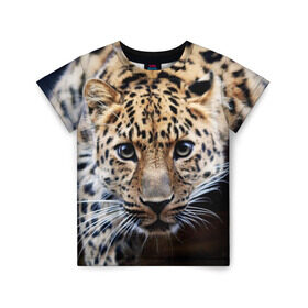 Детская футболка 3D с принтом Леопард в Кировске, 100% гипоаллергенный полиэфир | прямой крой, круглый вырез горловины, длина до линии бедер, чуть спущенное плечо, ткань немного тянется | взгляд | глаза | дикая кошка | леопард | хищник