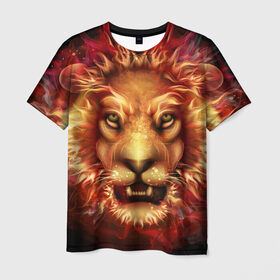 Мужская футболка 3D с принтом Огненный лев в Кировске, 100% полиэфир | прямой крой, круглый вырез горловины, длина до линии бедер | Тематика изображения на принте: animal | fire | flame | head | lion | look | predator | взгляд | голова | животное | лев | огненный | огонь | пламя | хищник