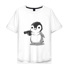 Мужская футболка хлопок Oversize с принтом пингвин в Кировске, 100% хлопок | свободный крой, круглый ворот, “спинка” длиннее передней части | gun | penguin | shotgun | tmblr | tumbler | пингвин | пистолет