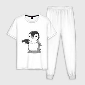 Мужская пижама хлопок с принтом пингвин в Кировске, 100% хлопок | брюки и футболка прямого кроя, без карманов, на брюках мягкая резинка на поясе и по низу штанин
 | gun | penguin | shotgun | tmblr | tumbler | пингвин | пистолет