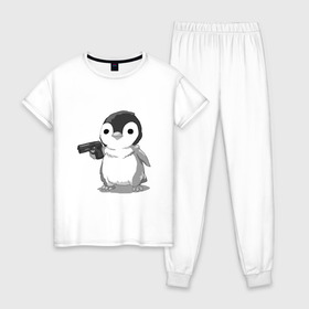 Женская пижама хлопок с принтом пингвин в Кировске, 100% хлопок | брюки и футболка прямого кроя, без карманов, на брюках мягкая резинка на поясе и по низу штанин | gun | penguin | shotgun | tmblr | tumbler | пингвин | пистолет