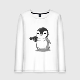 Женский лонгслив хлопок с принтом пингвин в Кировске, 100% хлопок |  | gun | penguin | shotgun | tmblr | tumbler | пингвин | пистолет
