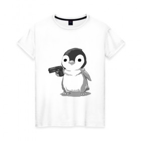 Женская футболка хлопок с принтом пингвин в Кировске, 100% хлопок | прямой крой, круглый вырез горловины, длина до линии бедер, слегка спущенное плечо | gun | penguin | shotgun | tmblr | tumbler | пингвин | пистолет