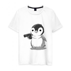 Мужская футболка хлопок с принтом пингвин в Кировске, 100% хлопок | прямой крой, круглый вырез горловины, длина до линии бедер, слегка спущенное плечо. | gun | penguin | shotgun | tmblr | tumbler | пингвин | пистолет