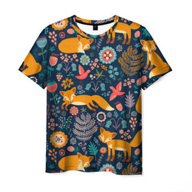 Мужская футболка 3D с принтом Лисички паттерн в Кировске, 100% полиэфир | прямой крой, круглый вырез горловины, длина до линии бедер | fox | животные | лиса | лисичка | лисы | осень | рыжая | фыр фыр | цветы