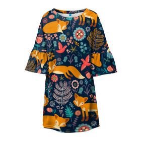 Детское платье 3D с принтом Лисички паттерн в Кировске, 100% полиэстер | прямой силуэт, чуть расширенный к низу. Круглая горловина, на рукавах — воланы | fox | животные | лиса | лисичка | лисы | осень | рыжая | фыр фыр | цветы