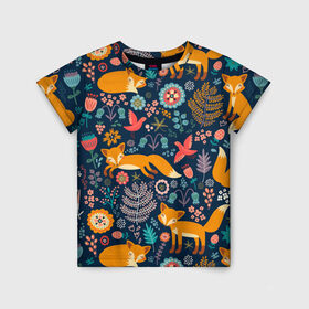 Детская футболка 3D с принтом Лисички паттерн в Кировске, 100% гипоаллергенный полиэфир | прямой крой, круглый вырез горловины, длина до линии бедер, чуть спущенное плечо, ткань немного тянется | fox | животные | лиса | лисичка | лисы | осень | рыжая | фыр фыр | цветы
