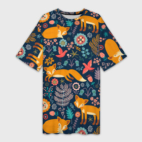 Платье-футболка 3D с принтом Лисички паттерн в Кировске,  |  | fox | животные | лиса | лисичка | лисы | осень | рыжая | фыр фыр | цветы