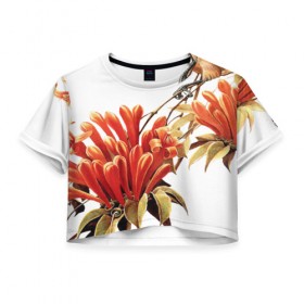 Женская футболка 3D укороченная с принтом экзотическая птица в Кировске, 100% полиэстер | круглая горловина, длина футболки до линии талии, рукава с отворотами | весна | девушкам | птицы | цветы
