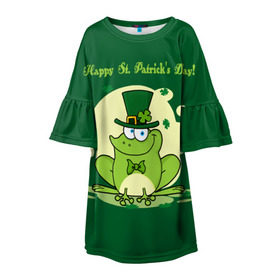 Детское платье 3D с принтом Ирландия в Кировске, 100% полиэстер | прямой силуэт, чуть расширенный к низу. Круглая горловина, на рукавах — воланы | clover | frog | green | happy st. patricks day | ireland | irish | moon | день святого патрика | зелёная | ирландец | ирландия | клевер | луна | лягушка | счастливый | шляпа