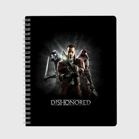 Тетрадь с принтом Dishonored в Кировске, 100% бумага | 48 листов, плотность листов — 60 г/м2, плотность картонной обложки — 250 г/м2. Листы скреплены сбоку удобной пружинной спиралью. Уголки страниц и обложки скругленные. Цвет линий — светло-серый
 | Тематика изображения на принте: dishonored