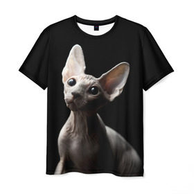 Мужская футболка 3D с принтом Сфинкс в Кировске, 100% полиэфир | прямой крой, круглый вырез горловины, длина до линии бедер | Тематика изображения на принте: black | cat | взгляд | кот | котик | котэ | кошка | сфинкс | уши | черный