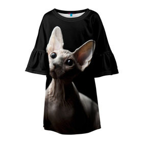 Детское платье 3D с принтом Сфинкс в Кировске, 100% полиэстер | прямой силуэт, чуть расширенный к низу. Круглая горловина, на рукавах — воланы | Тематика изображения на принте: black | cat | взгляд | кот | котик | котэ | кошка | сфинкс | уши | черный