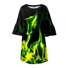 Детское платье 3D с принтом Зелёный огонь в Кировске, 100% полиэстер | прямой силуэт, чуть расширенный к низу. Круглая горловина, на рукавах — воланы | Тематика изображения на принте: пламя | черный | яркий