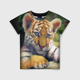 Детская футболка 3D с принтом Тигренок в Кировске, 100% гипоаллергенный полиэфир | прямой крой, круглый вырез горловины, длина до линии бедер, чуть спущенное плечо, ткань немного тянется | животные | котенок | кошка. кот | тигр | тигренок