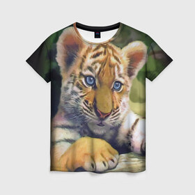 Женская футболка 3D с принтом Тигренок в Кировске, 100% полиэфир ( синтетическое хлопкоподобное полотно) | прямой крой, круглый вырез горловины, длина до линии бедер | животные | котенок | кошка. кот | тигр | тигренок