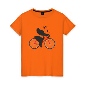 Женская футболка хлопок с принтом Панда на велосипеде в Кировске, 100% хлопок | прямой крой, круглый вырез горловины, длина до линии бедер, слегка спущенное плечо | велик | велосипед | медведь | мишка | панда