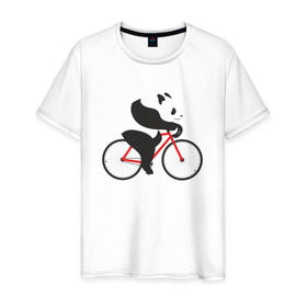 Мужская футболка хлопок с принтом Панда на велосипеде в Кировске, 100% хлопок | прямой крой, круглый вырез горловины, длина до линии бедер, слегка спущенное плечо. | велик | велосипед | медведь | мишка | панда