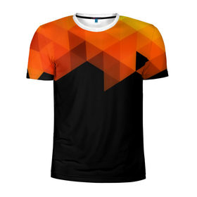 Мужская футболка 3D спортивная с принтом Trianse в Кировске, 100% полиэстер с улучшенными характеристиками | приталенный силуэт, круглая горловина, широкие плечи, сужается к линии бедра | оранжевый | полигон | треугольники | черный