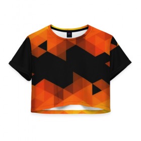 Женская футболка 3D укороченная с принтом Trianse Orange в Кировске, 100% полиэстер | круглая горловина, длина футболки до линии талии, рукава с отворотами | оранжевый | полигоны | треугольники | черный