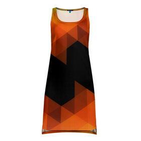 Платье-майка 3D с принтом Trianse Orange в Кировске, 100% полиэстер | полуприлегающий силуэт, широкие бретели, круглый вырез горловины, удлиненный подол сзади. | оранжевый | полигоны | треугольники | черный