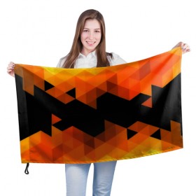 Флаг 3D с принтом Trianse Orange в Кировске, 100% полиэстер | плотность ткани — 95 г/м2, размер — 67 х 109 см. Принт наносится с одной стороны | оранжевый | полигоны | треугольники | черный