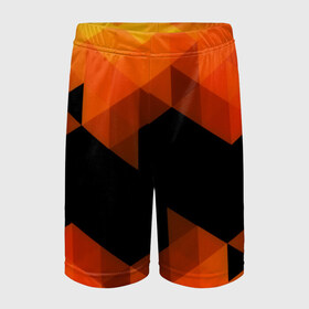 Детские спортивные шорты 3D с принтом Trianse Orange в Кировске,  100% полиэстер
 | пояс оформлен широкой мягкой резинкой, ткань тянется
 | оранжевый | полигоны | треугольники | черный