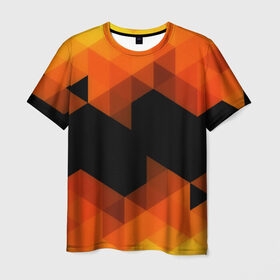 Мужская футболка 3D с принтом Trianse Orange в Кировске, 100% полиэфир | прямой крой, круглый вырез горловины, длина до линии бедер | Тематика изображения на принте: оранжевый | полигоны | треугольники | черный