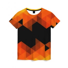 Женская футболка 3D с принтом Trianse Orange в Кировске, 100% полиэфир ( синтетическое хлопкоподобное полотно) | прямой крой, круглый вырез горловины, длина до линии бедер | оранжевый | полигоны | треугольники | черный
