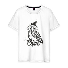 Мужская футболка хлопок с принтом Сова в шапке в Кировске, 100% хлопок | прямой крой, круглый вырез горловины, длина до линии бедер, слегка спущенное плечо. | bird | owl | няша | птица | сова | совунья | совушка | сыч
