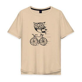 Мужская футболка хлопок Oversize с принтом Сова на велосипеде в Кировске, 100% хлопок | свободный крой, круглый ворот, “спинка” длиннее передней части | bird | owl | няша | птица | сова | совунья | совушка | сыч
