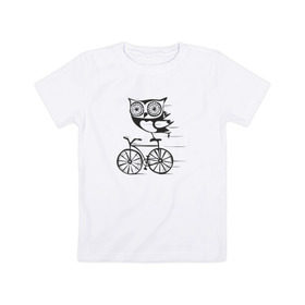 Детская футболка хлопок с принтом Сова на велосипеде в Кировске, 100% хлопок | круглый вырез горловины, полуприлегающий силуэт, длина до линии бедер | bird | owl | няша | птица | сова | совунья | совушка | сыч