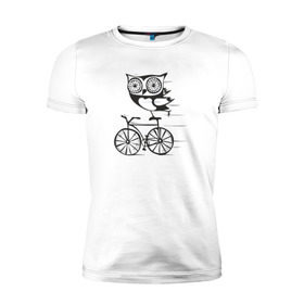 Мужская футболка премиум с принтом Сова на велосипеде в Кировске, 92% хлопок, 8% лайкра | приталенный силуэт, круглый вырез ворота, длина до линии бедра, короткий рукав | bird | owl | няша | птица | сова | совунья | совушка | сыч