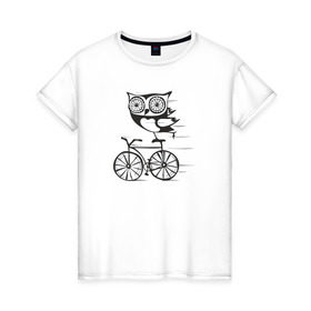 Женская футболка хлопок с принтом Сова на велосипеде в Кировске, 100% хлопок | прямой крой, круглый вырез горловины, длина до линии бедер, слегка спущенное плечо | bird | owl | няша | птица | сова | совунья | совушка | сыч