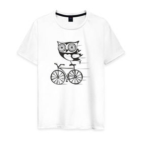 Мужская футболка хлопок с принтом Сова на велосипеде в Кировске, 100% хлопок | прямой крой, круглый вырез горловины, длина до линии бедер, слегка спущенное плечо. | bird | owl | няша | птица | сова | совунья | совушка | сыч