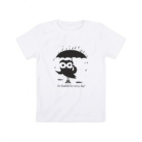 Детская футболка хлопок с принтом Счастливая сова с зонтиком в Кировске, 100% хлопок | круглый вырез горловины, полуприлегающий силуэт, длина до линии бедер | Тематика изображения на принте: bird | owl | няша | птица | сова | совунья | совушка | сыч