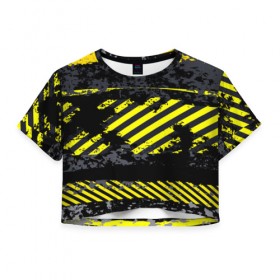 Женская футболка 3D укороченная с принтом Grunge Line в Кировске, 100% полиэстер | круглая горловина, длина футболки до линии талии, рукава с отворотами | желтый | полосы | серый | черный