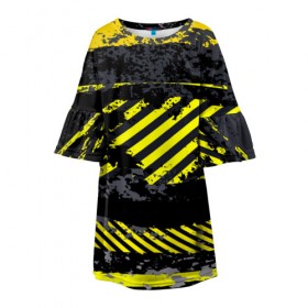 Детское платье 3D с принтом Grunge Line в Кировске, 100% полиэстер | прямой силуэт, чуть расширенный к низу. Круглая горловина, на рукавах — воланы | желтый | полосы | серый | черный
