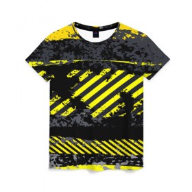 Женская футболка 3D с принтом Grunge Line в Кировске, 100% полиэфир ( синтетическое хлопкоподобное полотно) | прямой крой, круглый вырез горловины, длина до линии бедер | желтый | полосы | серый | черный