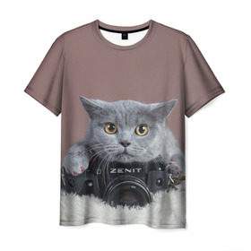 Мужская футболка 3D с принтом Котик фотограф в Кировске, 100% полиэфир | прямой крой, круглый вырез горловины, длина до линии бедер | кот | котик | кошка | объектив | фотоаппарат | фотограф