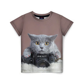 Детская футболка 3D с принтом Котик фотограф в Кировске, 100% гипоаллергенный полиэфир | прямой крой, круглый вырез горловины, длина до линии бедер, чуть спущенное плечо, ткань немного тянется | кот | котик | кошка | объектив | фотоаппарат | фотограф