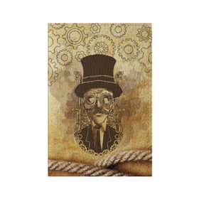 Обложка для паспорта матовая кожа с принтом Стимпанк человек в Кировске, натуральная матовая кожа | размер 19,3 х 13,7 см; прозрачные пластиковые крепления | Тематика изображения на принте: steampunk | steampunk man | в цилиндре | в шляпе | канат | механизм | стимпанк | усы | человек